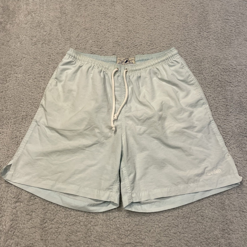 Wellen Lined Swim Shorts Trunks Mens Large‎ Blue 5" Drawstring Faded Retro USA